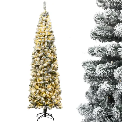 A tall, slender artificial Christmas tree with snow-like flocking and warm white LED lights, standing on a black metal stand against a white background. A close-up of the tree's branches is visible on the right side.