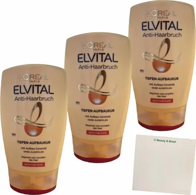Produktbild von L'oreal Paris Elvital Anti-Haarbruch Tiefen-Aufbaukur 3er Pack (3x125ml Flasche) + usy Block