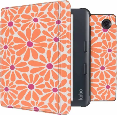 Obrázek produktu pro imoshion Design Slim Hard Case Sleepcover s podstavcem Kobo Libra Barva – Oranžové květiny Connect
