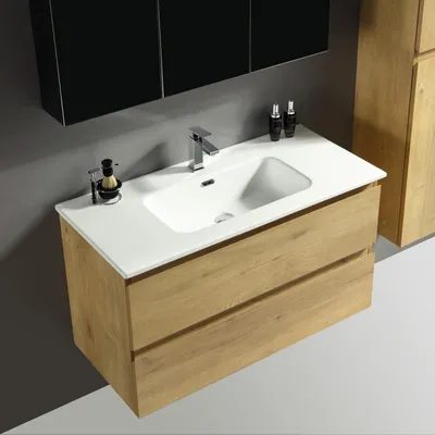 Produktbild von Alpenberger Waschbecken mit Unterschrank 100 cm Breit | Waschtisch Eiche Natur für Gäste WC und Badezimmer | Waschbeckenunterschrank mit Schubladen | Badmöbel Hängend & Keramik Aufsatzwaschbecken