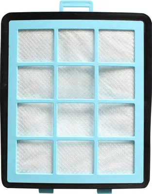 A close-up view of a rectangular HEPA filter for a vacuum cleaner, featuring a light blue plastic frame with a grid pattern and white filtering material.