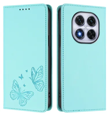 Produktbild von Lederhülle für Xiaomi Redmi Note 14 Pro 4G, Schmetterling Prägung Leder Brieftasche Schutzhülle mit Ständer Türkis