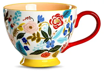 Produktbild von Keramik Tasse mit Blumenmuster, 450ml, handbemalt, für Kaffee, Tee, Frühstück