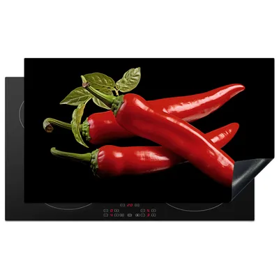 Produktbild von KitchenYeah© Herdabdeckplatte Roter Paprika - Rot - Kräuter - Gewürze - Schwarz , 90x52cm, Küche Deko, Glaskeramikkochfeld Herdabdeckung, Abdeckplatte fùr Kochfeld