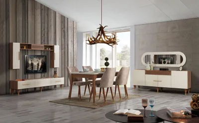 Produktbild von Esszimmer Set Tisch 4x Stuhl Anrichte Spiegel Möbel 7tlg neu Modern