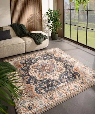 Zdjęcie produktu dla Unyqoos® Dywan zewnętrzny Vintage, kwadratowy, Valenca Fino, 160x160 cm – złoty/niebieski, siatkowa struktura 3D z miękkim wykończeniem, możliwość prania, do użytku wewnątrz i na zewnątrz