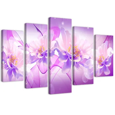 Produktbild von 5-teiliges leinwandbild lila blumenarrangement 150x100 cm Feeby lila wandbild bereit zum aufhängen