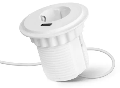 Produktbild von Eingebaute Pop-up-Steckdose mit USB - Weiß, 230 V 16 A, Hochleistungs-USB 2,1 A, 1,5 m Kabel [20461WH]