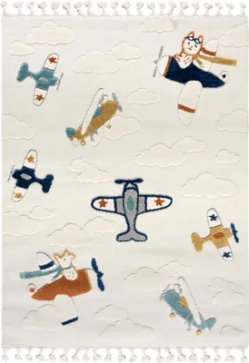 Produktbild von Mazovia Kinderteppich Spielteppich - Flugzeugen und Wolken Creme, Bunt Weicher Teppich für Kinderzimmer - Allergikerfreundlich, Fußbodenheizung geeignet - 120 cm x 170 cm