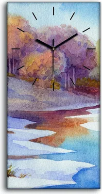 Produktbild von Küchenuhr Bürouhr Leinwand Uhr Geräuschlos Kunstdruck 30x60 Aquarell Bäume Fluss - schwarze Hände