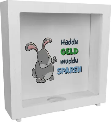 Produktbild von Rahmen Spardose aus Holz mit Hasenmotiv und lustigem Spruch - Haddu Geld muddu