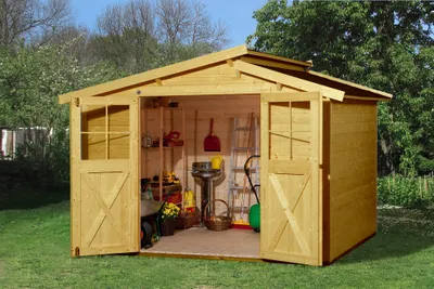 Produktbild von WEKA 323.3025.21400 Gartenhaus/Blockbohlenhaus Trend  mit Doppeltür ; Größe: 4 ; Farbgebung: Lasiert ; Wandstärke: 19 mm ; Maße (LxBxH): 299 cm x 250 cm x 232 cm ; Seitenwandhöhe: 186 cm