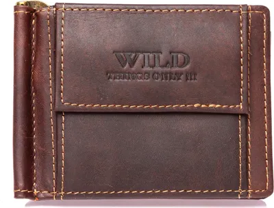 Zdjęcie produktu dla WILD Portfel Męski Banknotówka Skórzana z Klipsem Z miejscem na Karty i Monety RFID Ciemnobrązowa
