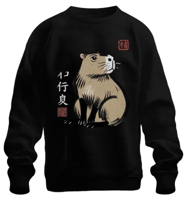 Productafbeelding van Capibara, bekend als het "waterschijn", Japanse Ukiyo-e kunst, Sumi-e, Zen, sweatshirt, trui, zwart, maat XL