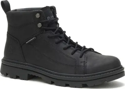 A black Caterpillar boot is shown against a white background.