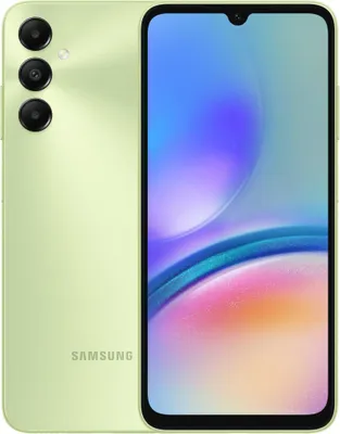 A light green Samsung smartphone is shown from the back and front.