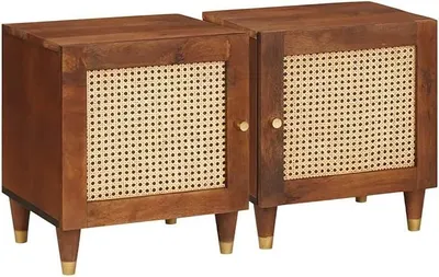Imagen del producto de Juego de dos mesitas de noche, color marrón, 40 x 33,5 x 46 cm. Fabricadas en madera maciza de acacia. Mesitas de noche y auxiliares con espacio de almacenamiento, ideales para el dormitorio, la cama, el salón o el recibidor