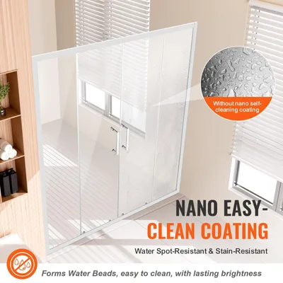 Imagen del producto de Cabina de ducha semienmarcada VEVOR, 57,8-59" de ancho x 70" de alto, puerta corredera doble de vidrio templado transparente de 1/4" (6mm) de grosor, impermeable, resistente a roturas, con tecnología NANO anti-suciedad y herrajes de acero inoxidable cromados
