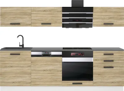 Immagine prodotto di Belini blocco cucina Linda - mobili da cucina 240 cm cucina componibile completamente attrezzata senza elettrodomestici con pensili e basi, senza piani di lavoro, rovere Sonoma