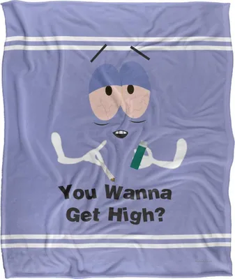 A blanket with a cartoon character and text.