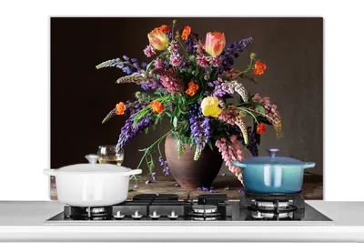 Produktbild von KitchenYeah®  Spritzschutz Küche - Küchenrückwand - Wandschutz für Herd und Spüle - Stilleben - Wein - Blumen 100x65 - Alu-Dibond (Alternative zum Spritzschutz aus Glas) - Hitzebeständig - Herdspritzs