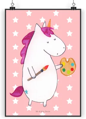 Produktbild von Mr. & Mrs. Panda Bild Einhorn Künstler DIN A5 - Rot Pastell - Geschenk, Wandbild, Stift, Welt, Einhörner, Wanddekoration, Unicorn, drucke, Malen, Kunstdruck, wanddeko