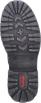 The sole of a black boot with a red Rieker logo.