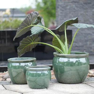 Image de Ensemble de 3 pots de fleurs en céramique, diamètre 37/30/23 cm. Grand pot de fleurs, fabriqué à la main, résistant au gel, avec trou de drainage. Émail à pois vintage, pièce unique. Bleu-vert antique