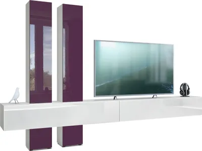 Produktbild von Vladon Wohnwand Moja,  Germany, - Weiß matt & Weiß/Brombeer Hochglanz - Moderne Anbauwand für Ihr Wohnzimmer (BxHxT) 330 x 204 x 39 cm