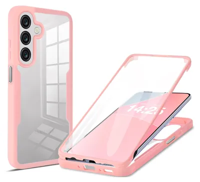 A pink and clear phone case is shown from two angles, one fully assembled and one disassembled to show the phone inside.