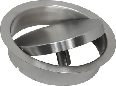 A close-up, studio shot of a stainless steel waste disposal ring with a hinged lid.