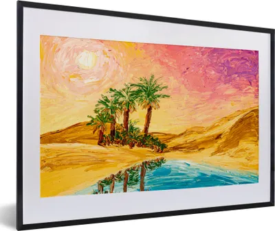 Produktbild von MuchoWow® Gerahmtes Poster Gemälde - Öl - Palme - Natur - Wasser 60x40 cm - Poster mit Schwarzem Bilderrahmen Wandposter Rahmen Foto Bilder - Schlafzimmer - Plakat in Rahmen - Drucken