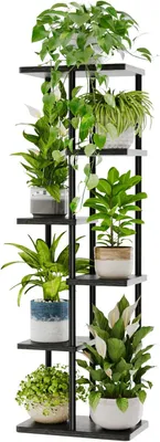 Image de Étagère à plantes, 6 niveaux, en métal et bois, noire, pour salon