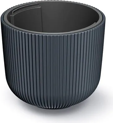 A dark gray planter with a ribbed exterior and a lighter gray interior.