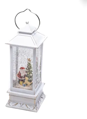 Productafbeelding van LED-waterlantaarn "Kerstman met hond", wit, gevuld met water, 5 uur timer, warm witte LED, op batterijen, voor gebruik binnenshuis