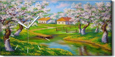 Produktbild von Dekor Leinwand Uhr Wandbilder 60x30 Malerei Landschaft Bäume Blumen Wasser - weiße Hände