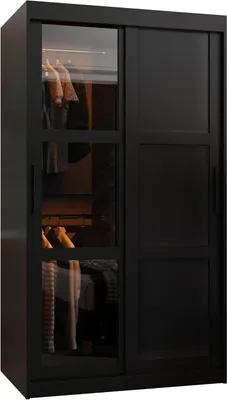 A black wardrobe with glass doors showing clothes inside.