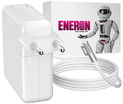 A white Macbook Pro charger and cable are shown next to a box with a robot mascot and the brand name.
