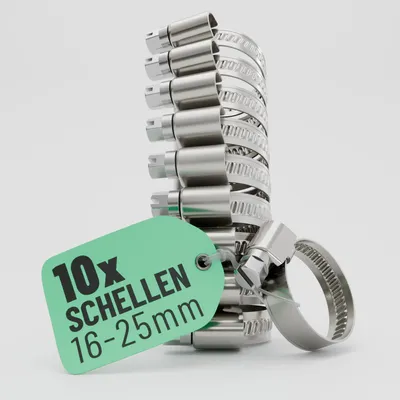 Obrázok produktu pre Sada 10 kusov oceľových svorky na hadice, rozmer 16-25 mm - Nastaviteľné svorky na hadice, vyrobené z nehrdzavejúcej oceli, s šírkou pásu 9 mm