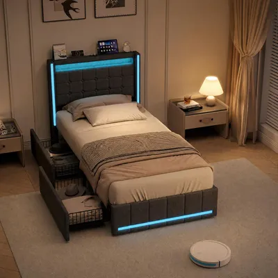 Productafbeelding van INONEFT Gestoffeerd bed 90x200 cm met LED-verlichting en USB/Type-C poorten, kinderbed, bed met opbergruimte en 2 lades, kinderbed met lattenbodem en opbergruimte, linnen, grijs