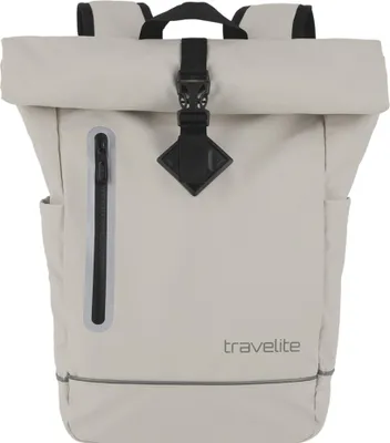 A front view of a roll-top backpack.