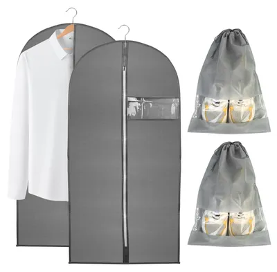 Image de Housses à vêtements (longues) 120 cm x 60 cm & 2 housses à chaussures, housses pour costumes, housses de protection, housses à vêtements avec fermeture éclair, housses anti-mites pour vêtements et chemises (grises)