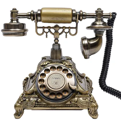 A vintage rotary dial telephone on a white background.