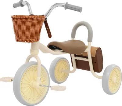 Produktbild von Retro Kinder Dreirad - Dreirad - 25 cm Räder - Vorderradfederung - Stahlrahmen - Aluminiumfelgen - Fußbremse - 2–6 Jahre & 30 kg - Weiß/Braun/Grau