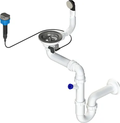 A plumbing fixture for a sink, showing a siphon, overflow pipe, and drain assembly.