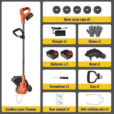 Produktbild von Rasentrimmer Akku 21V Fadenschneider Kantenschneider klappbar mit 2 Akkus 750W Schnittlänge 12 Zoll Laufzeit 60 min ergonomisch leicht 2xAkkus Orange