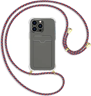 Produktbild von Handykette Backcover-Schutzhülle mit Band (Metall goldfarben) für Apple iPhone 14 Pro Max (6.7'') - silber/blau/rot