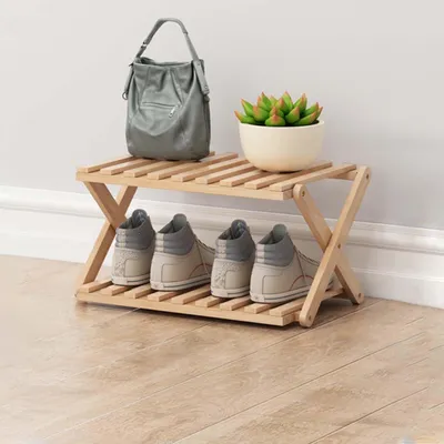 Image de Étagère à chaussures, 2 niveaux, en bambou, pliable, pour entrée