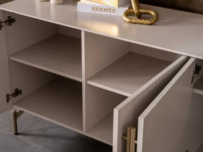 Obrázek produktu pro Komoda, béžová, dřevo a sklo, moderní design, úložný prostor, obývací pokoj, chodba