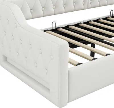Produktbild von Flieks Hydraulisches Polsterbett 90x200cm mit Stauraum, Schlafsofa Tagesbett mit Rücken- und Armlehne, Jugendbett Einzelbett mit Led, Leinen, Beige